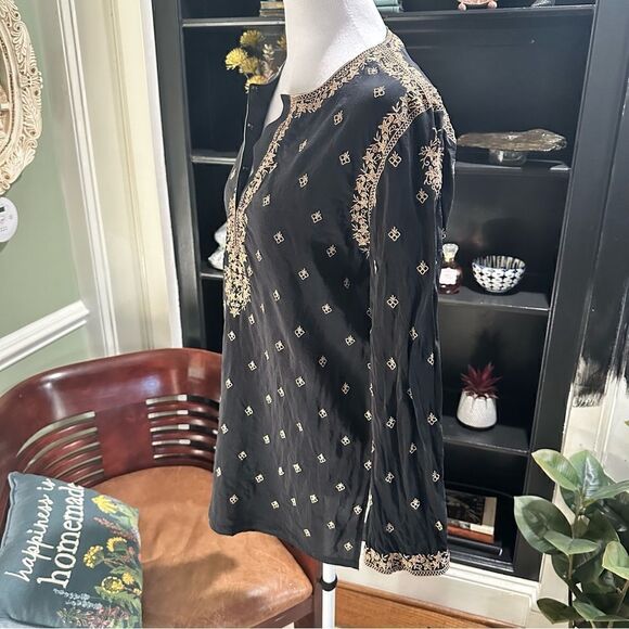 Neiman Marcus Silk Black and Tan Embroidered Tunic Top Size M - Picture 6 of 10